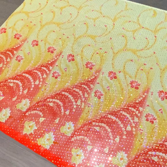Long Sheer Sequin Yellow Orange Scarf, Wrap or Fabric Piece 66 x 42 in - Picture 2 of 7